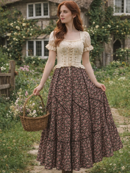 April Cornell Dresses & Skirts - April Cornell maxi skirt L crochet brown/pink florals cottage core renaissance